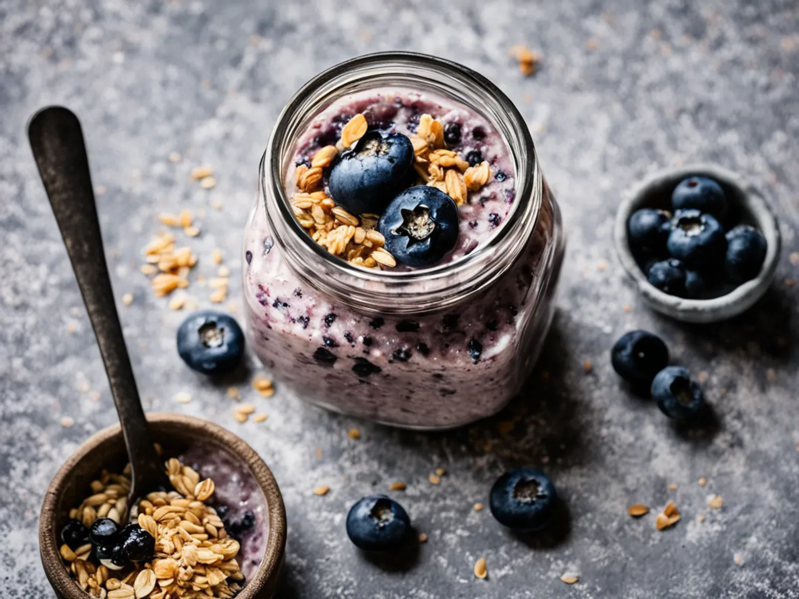 Blueberry Chia Overnight Oats — Creamy vegan overnight oats with chia seeds, soy milk and blueberries: a 5-minute, high-fiber make-ahead breakfast.