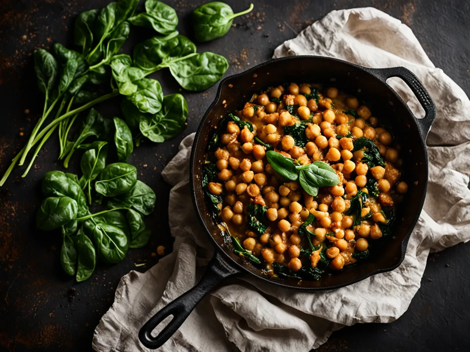 Smoky Chickpea & Spinach Skillet — A 20-minute vegan one-pan dinner of chickpeas, tomatoes, garlic and smoked paprika with wilted spinach. It has 14 g of fiber per serving.